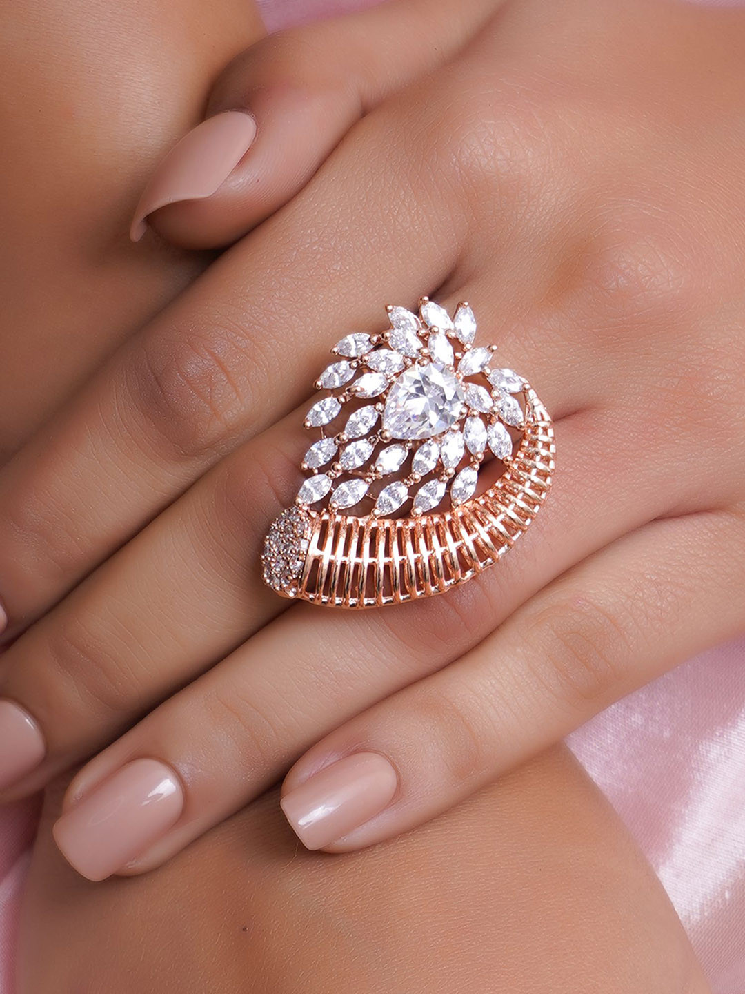 Adwitiya Collection Rose Gold-Plated AD Studded Antique Adjustable Finger Ring