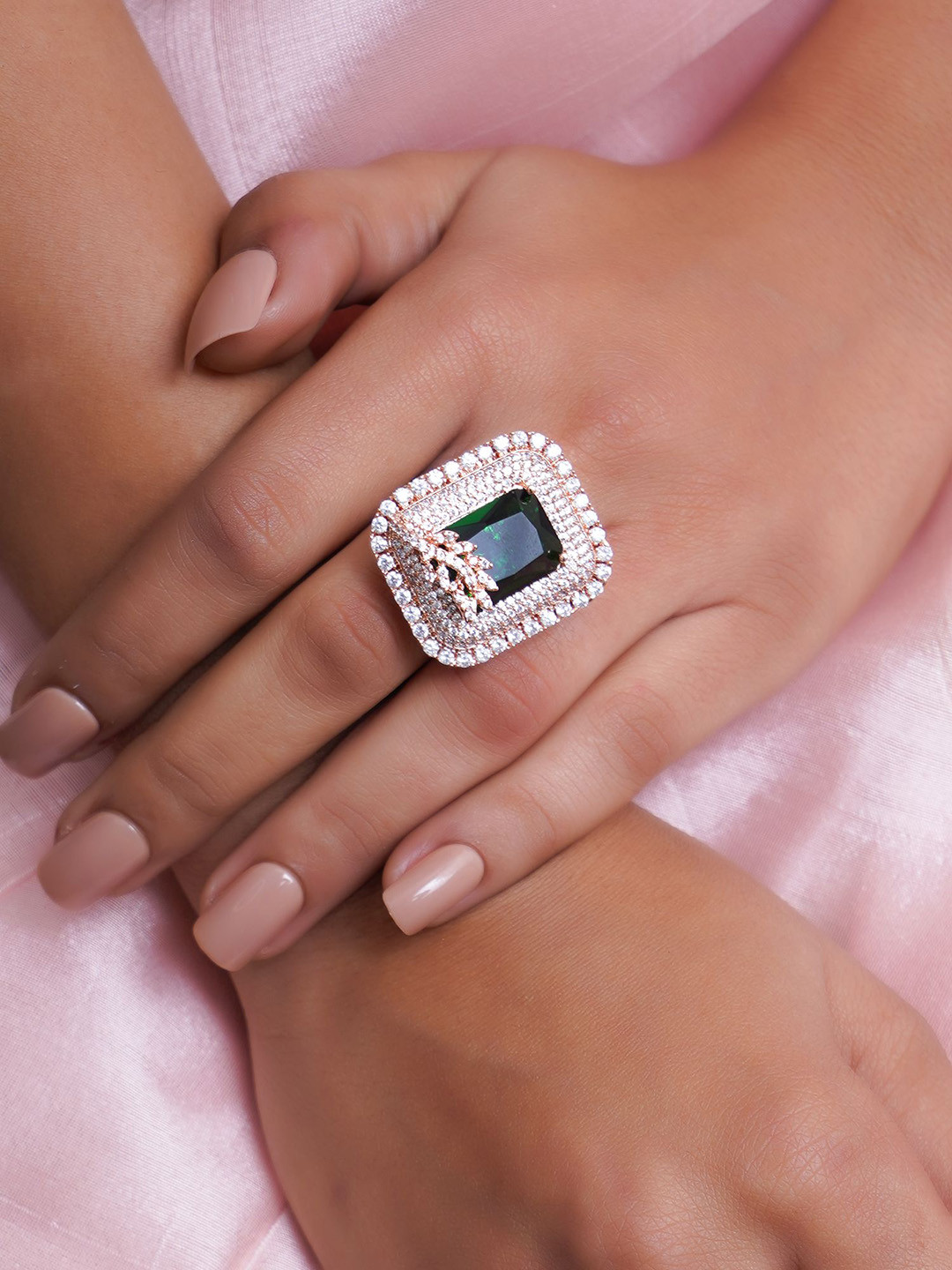 Adwitiya Collection Rose Gold-Plated AD & Emerald Studded Adjustable Finger Ring