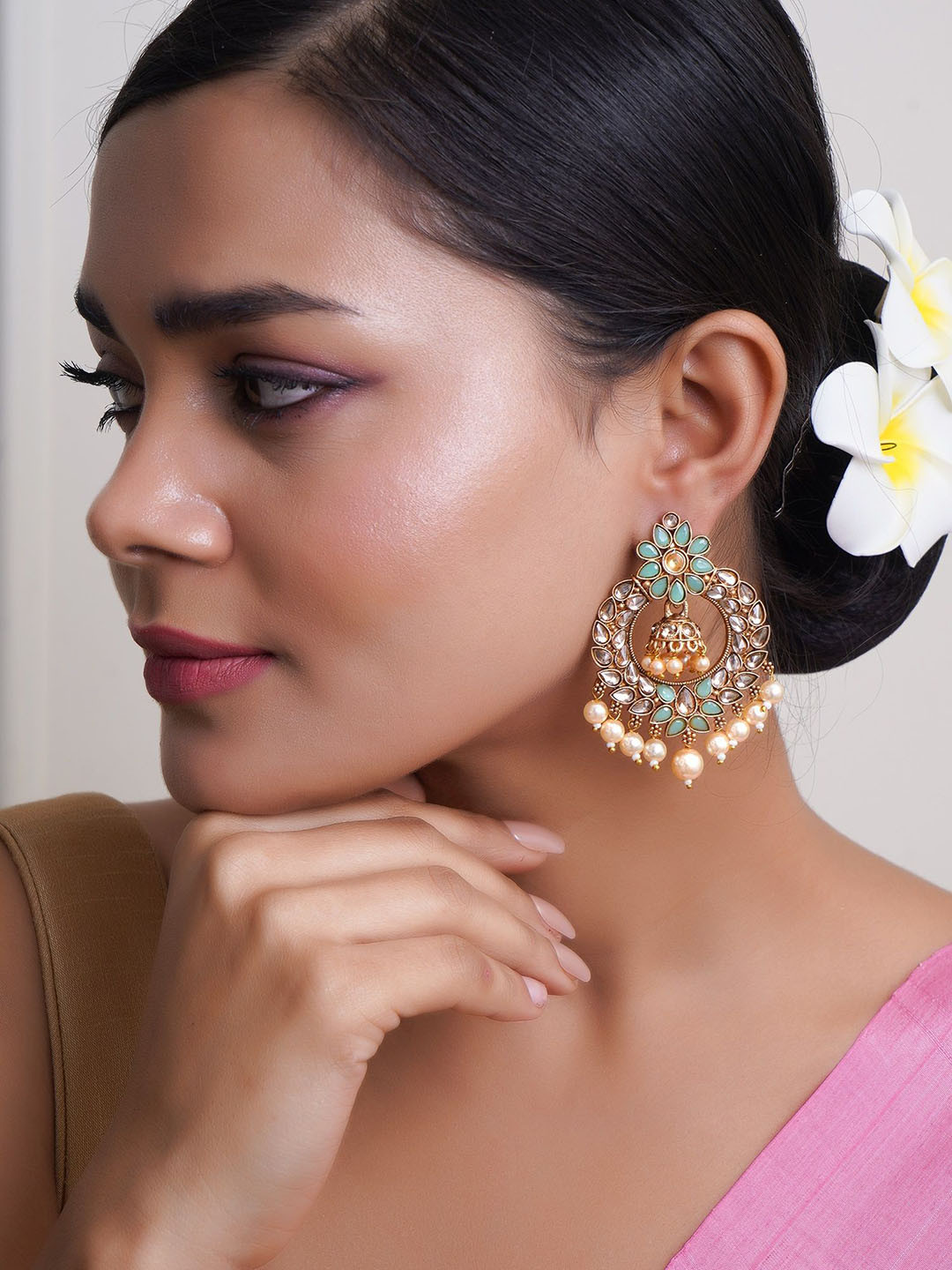 Adwitiya Collection Gold-Plated Artificial Stones & Pearl Beaded Hanging Chandbalis