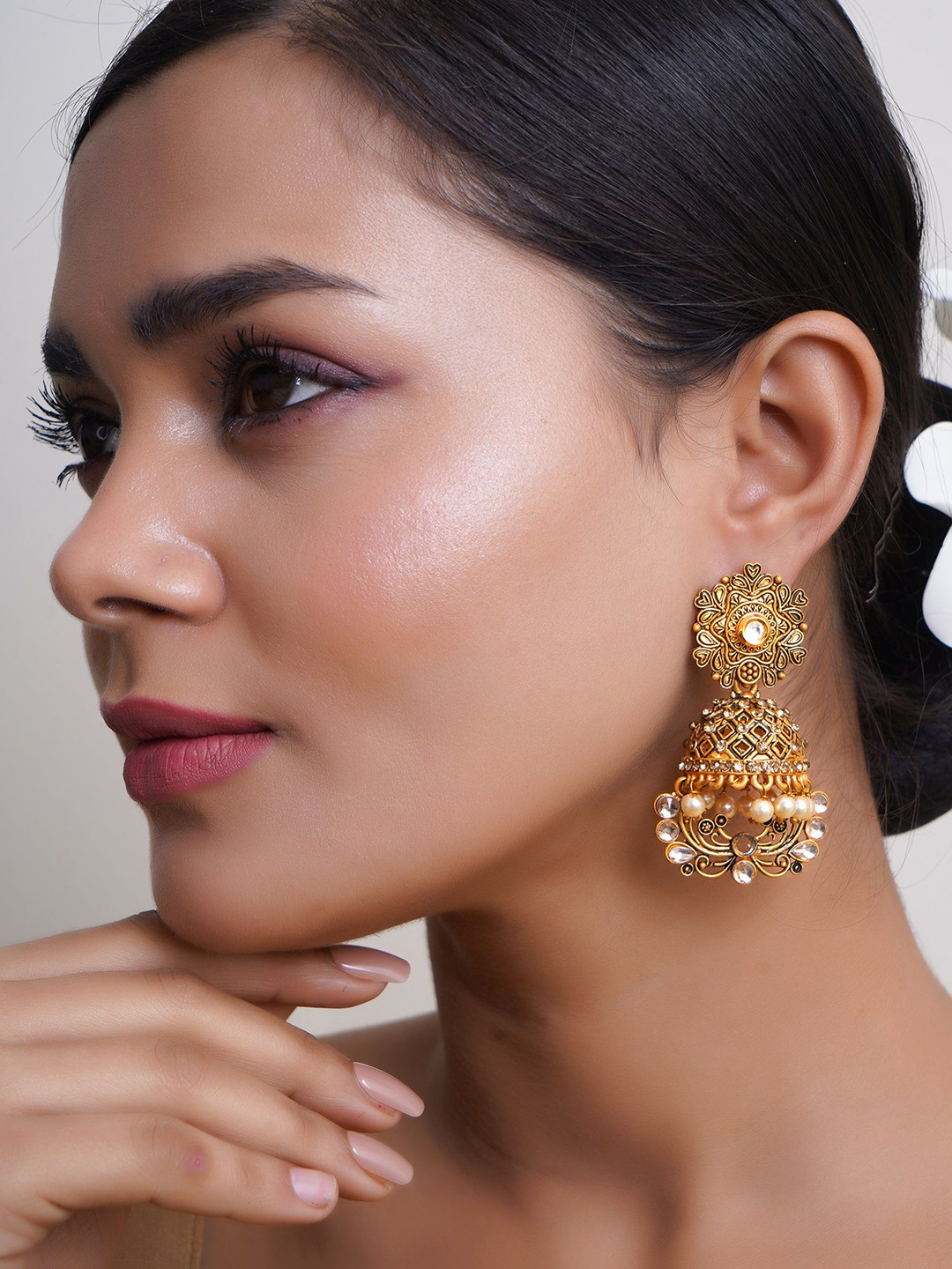 Adwitiya Collection Gold-Plated Artificial Stones Studded Dome Shaped Jhumka