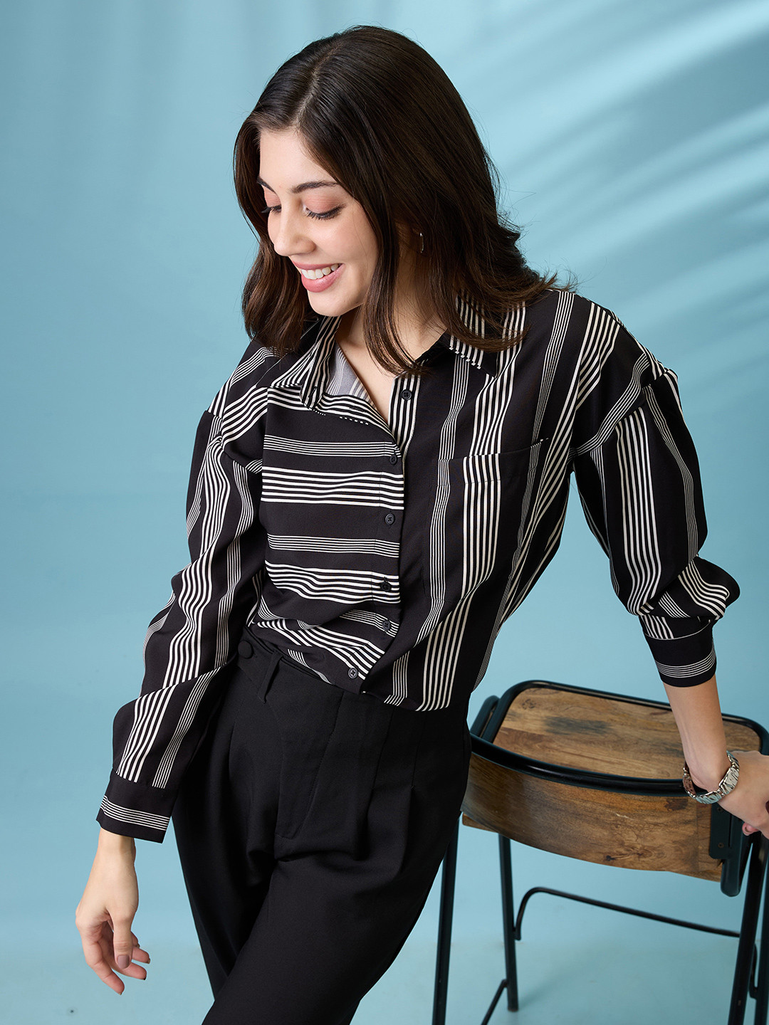 Globus Vertical & Horizontal Striped Collar Neck Cuffed Sleeves Oversized Shirt Style Top