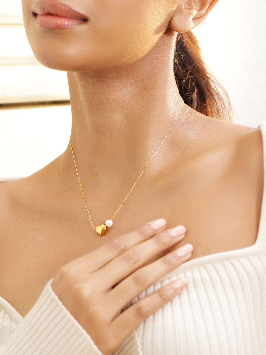 Rubans 18K Gold Plated Stainless Steel TarnishFree Waterproof Heart & Pearl Charm Necklace