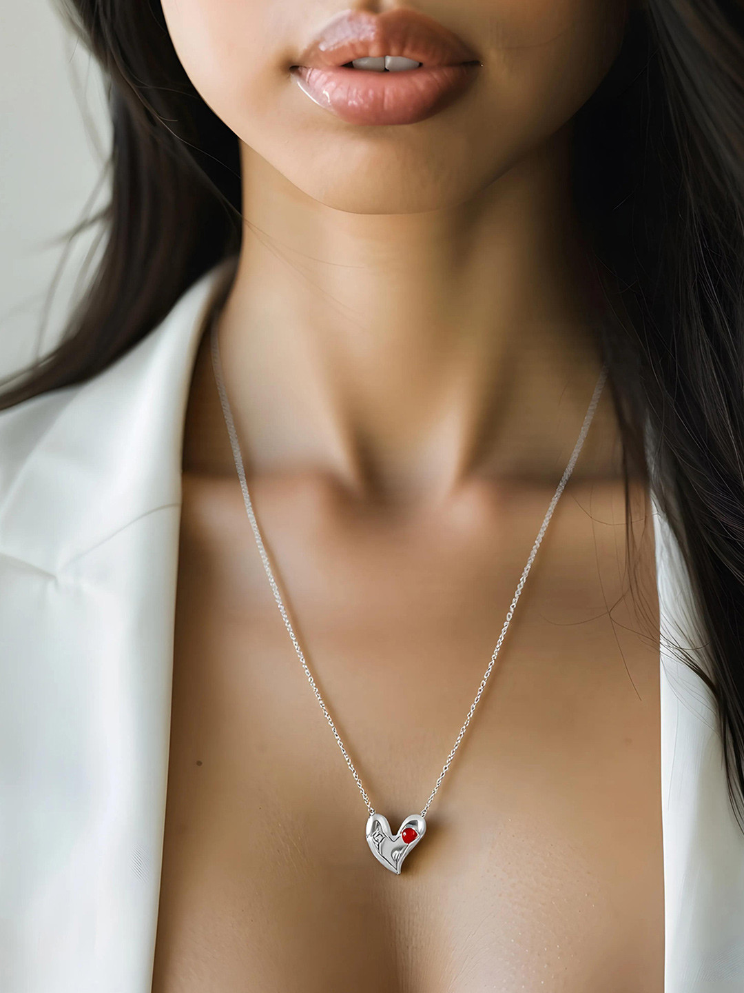 Rubans Rhodium Plated Stainless Steel TarnishFree Waterproof Cubic Zirconia Heart Necklace