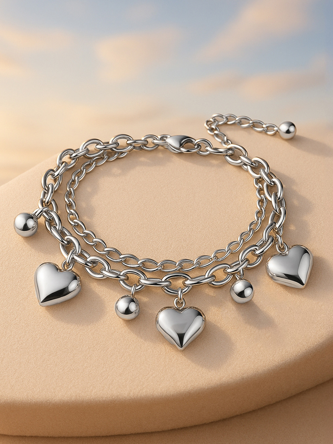 Rubans Voguish Rhodium Plated StainlessSteel TarnishFree Waterproof Heart & Beads Bracelet
