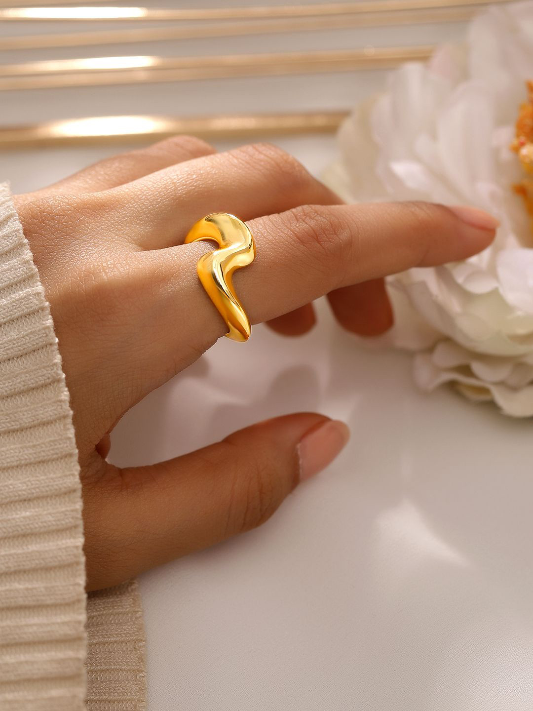 Rubans Voguish 18K Gold Plated Abstract Statement Adjustable Ring