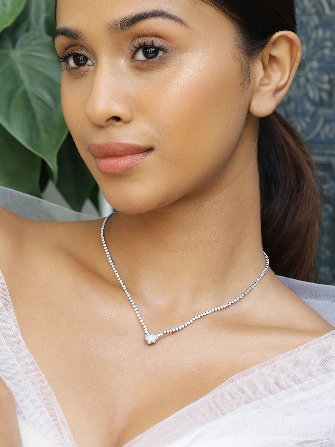 Rubans Rhodium Plated Crystal AD & Cubic Zirconia Studded Pear Shaped Pendant Necklace