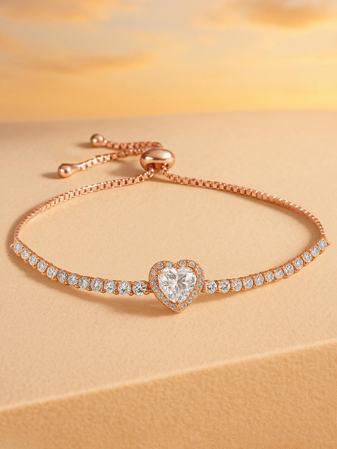 Rubans 18K Rose Gold Plated Heart Cut Cubic Zirconia Adjustable Pull Chain Tennis Bracelet