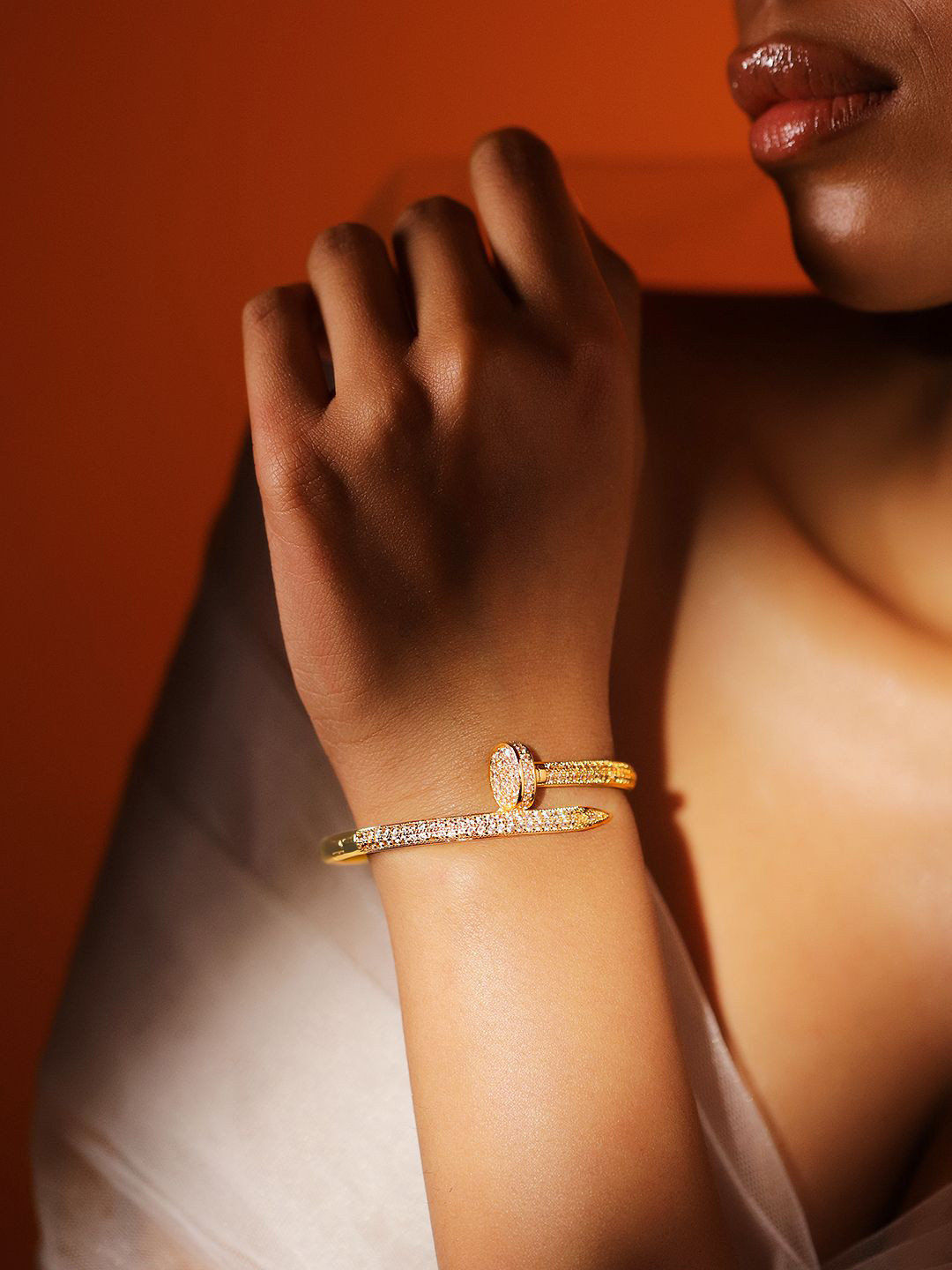 Rubans 18K Gold Plated Cubic Zirconia Studded Demi Fine Openable Nail Design Bracelet