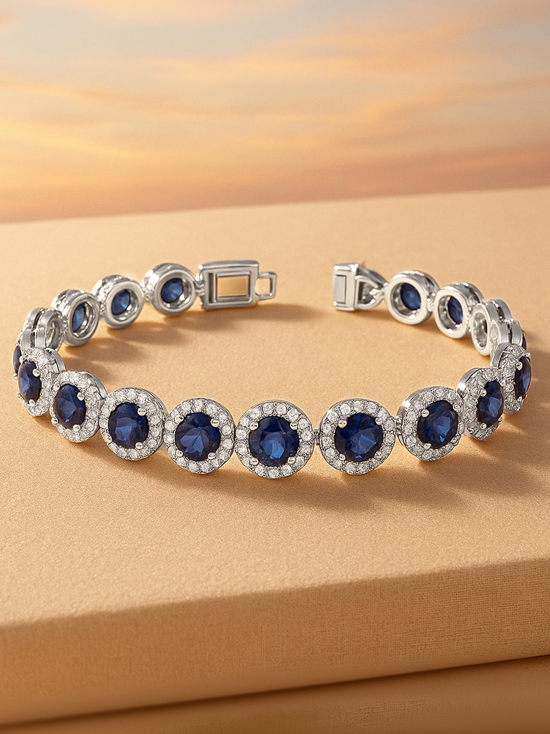 Rubans Rhodium Plated Blue Sapphire & Cubic Zirconia Studded Tennis Bracelet