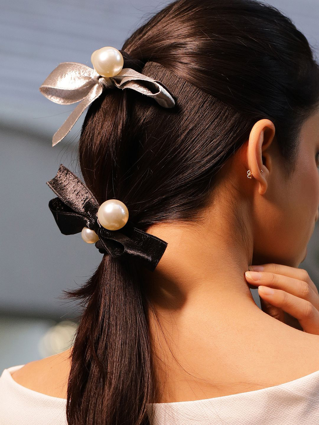 Rubans Women Set of 2 Satin Bow & Pearl Embellished Elastic Hair Ties Black & Silver