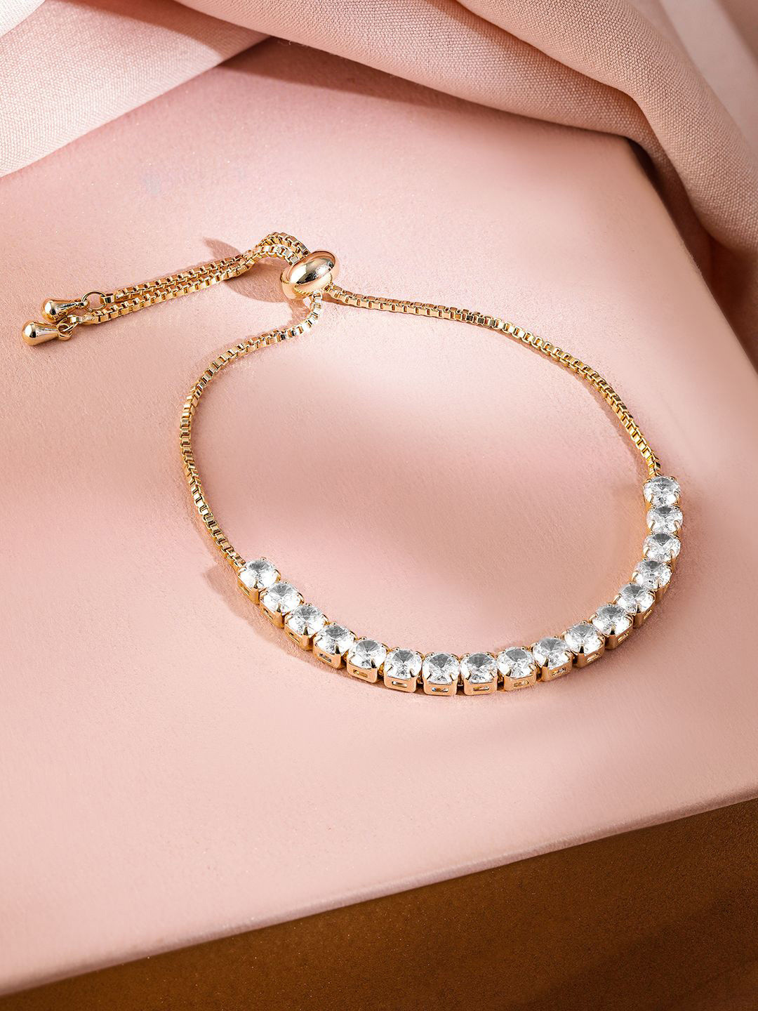 Rubans 18K Gold-Plated Adjustable Pull Chain Cubic Zirconia Studded Bracelet