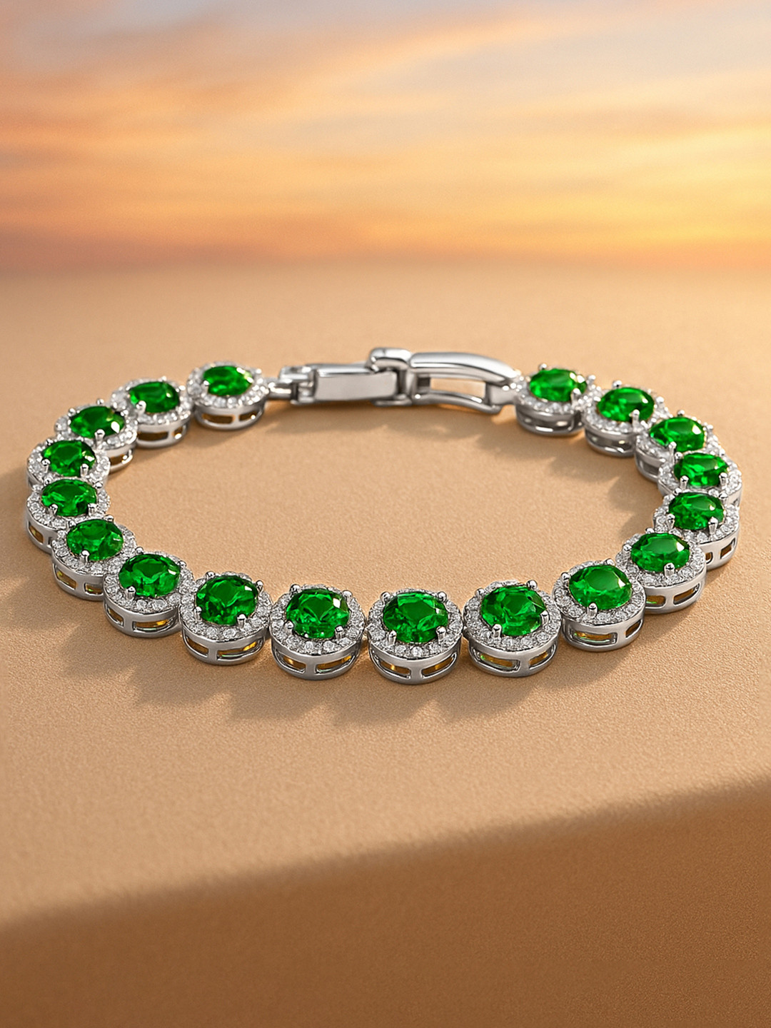 Rubans Rhodium Plated Emerald Green & AAA Cubic Zirconia Studded Premium Tennis Bracelet