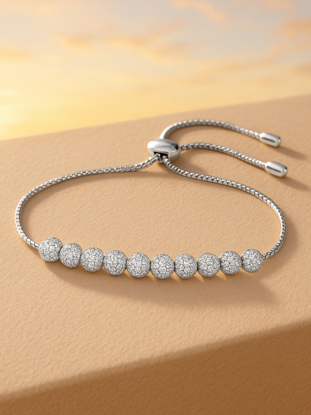 Rubans Rhodium Plated Adjustable Pull Chain Cubic Zirconia Studded Bracelet