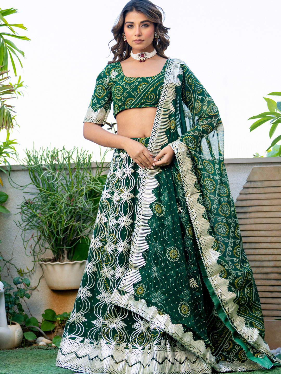 PRETTY PALLU Bandhani Printed Gotta Patti Work Lehenga With Blouse & Dupatta