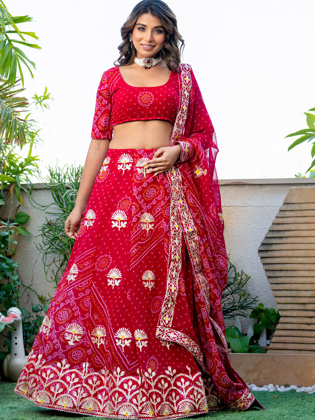 PRETTY PALLU Bandhani Printed Thread Work Lehenga With Blouse & Dupatta
