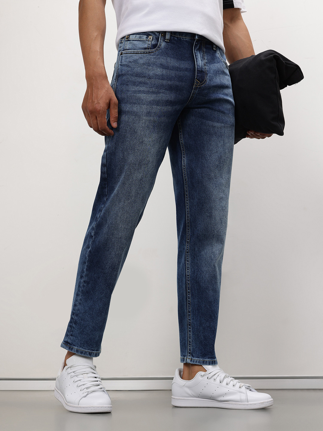 ether Men 365 Essentials Tapered Fit Mid-Rise Acid Wash Stretchable Cropped Jeans