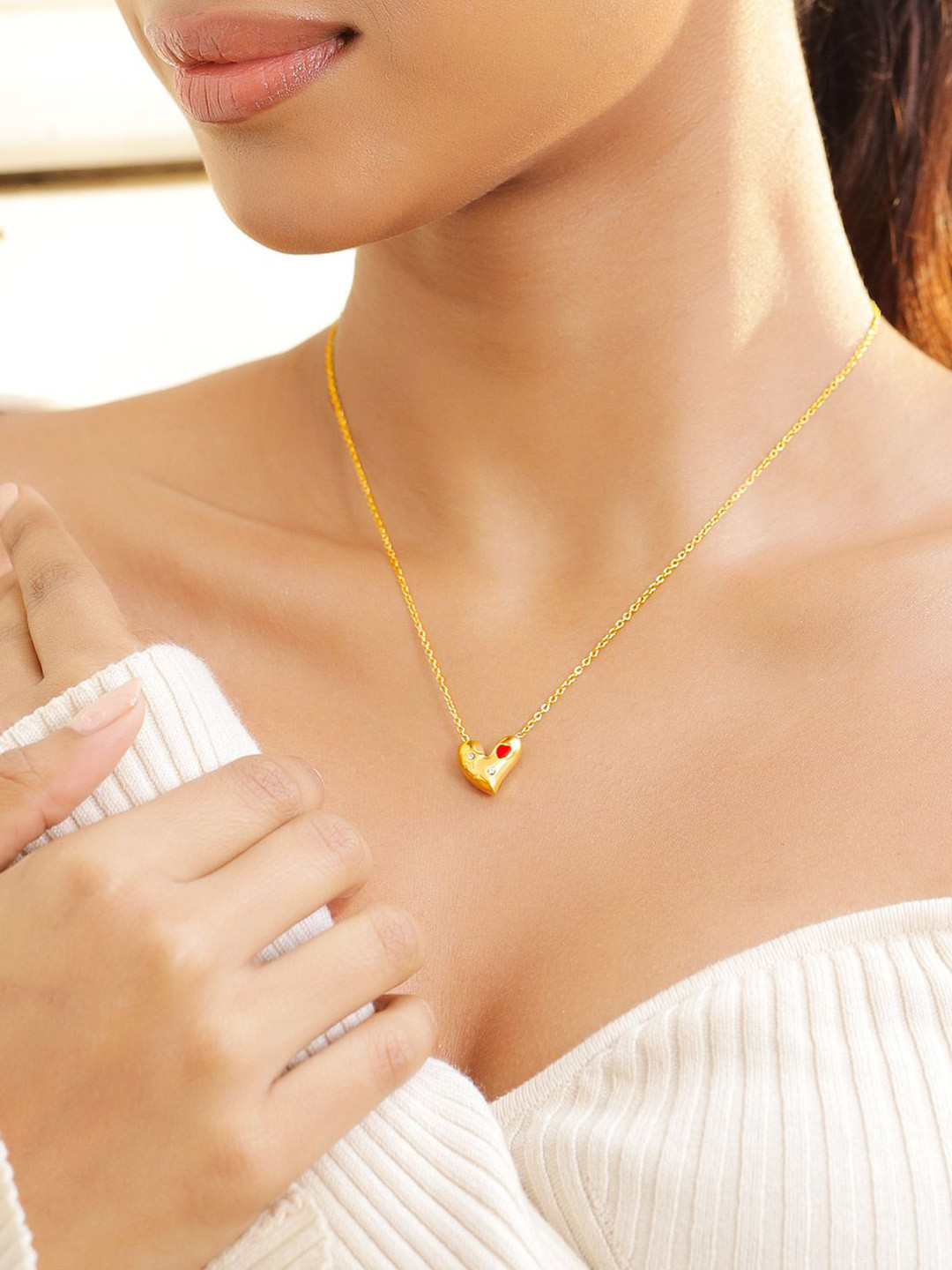 Rubans 18K Gold Plated StainlessSteel TarnishFree Waterproof Cubic Zirconia Heart Necklace