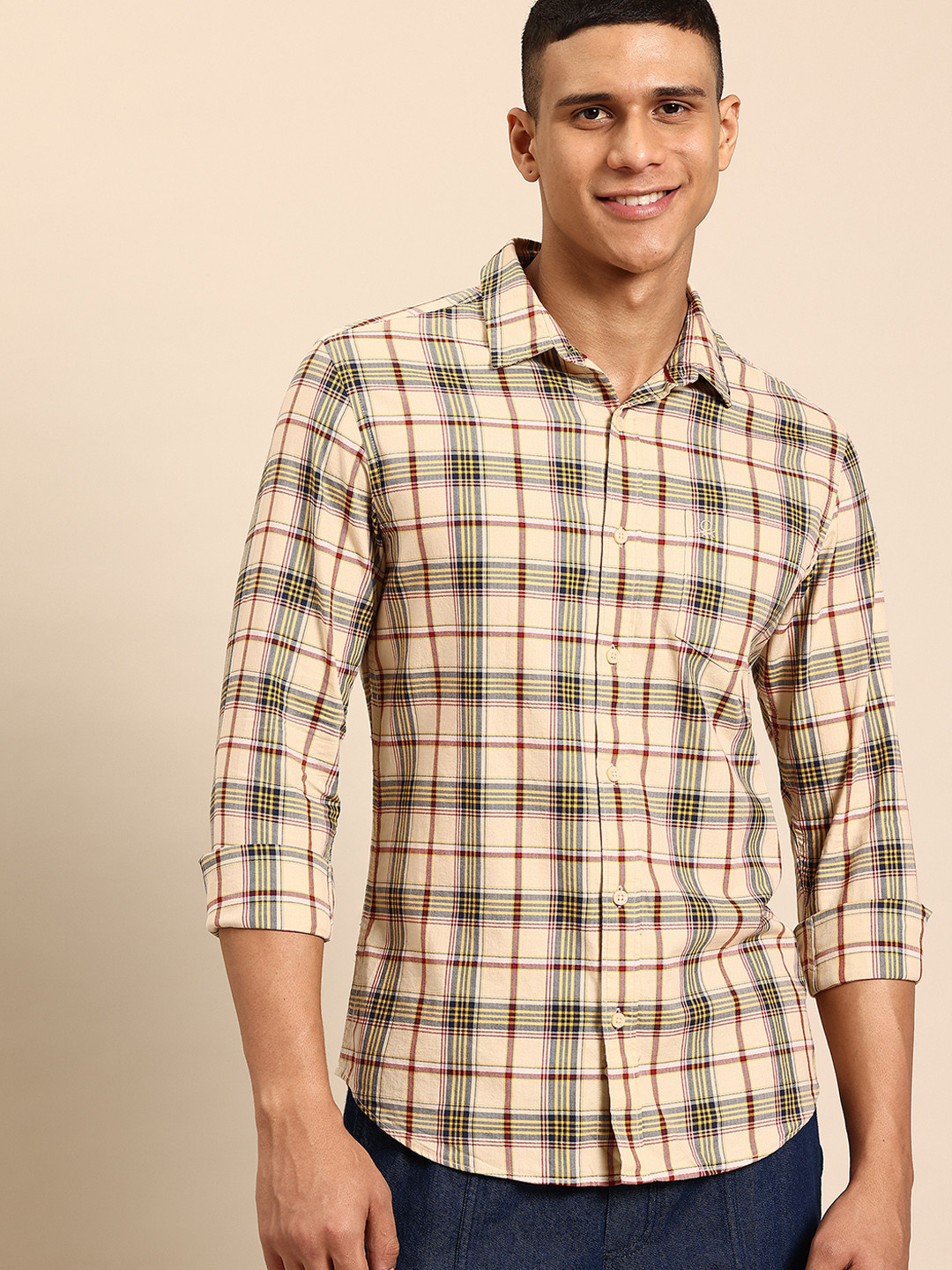 United Colors of Benetton Men Herringbone Weave Pure Cotton Checked Shirt