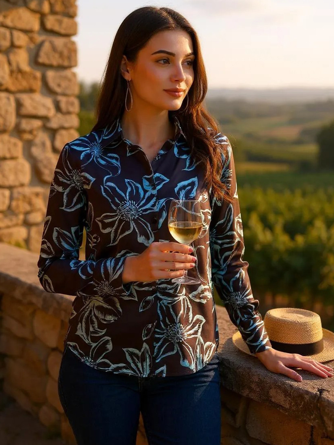 Hive91 Women Standard Fit Button-Down Collar Floral Printed Satin Casual Shirt