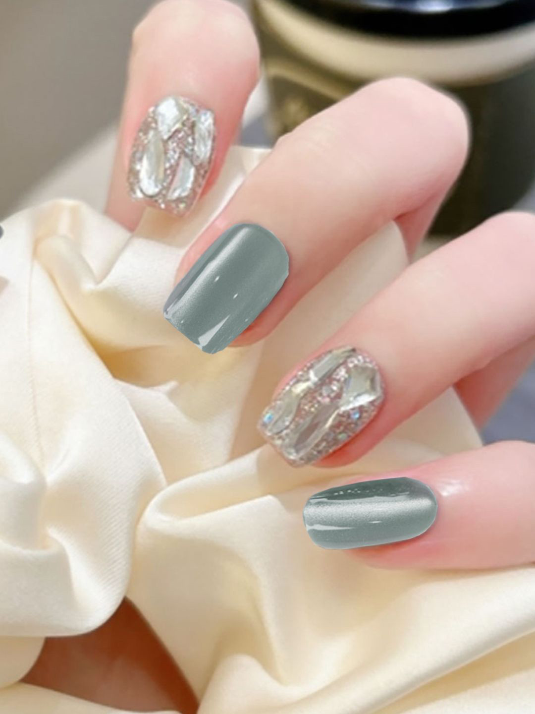 Secret Lives Set Of 24 Cats Eye With Glitter & 3D Crystal Design Artificial Nails- Blue