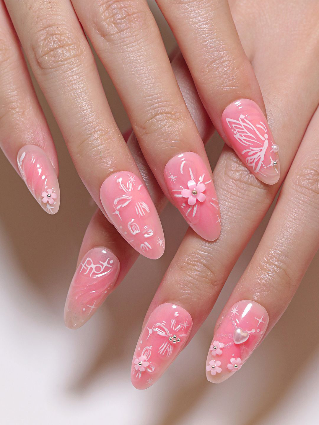 Secret Lives Set Of 24 Glossy 3D Butterfly & Flower Press On Artificial Nails - Pink
