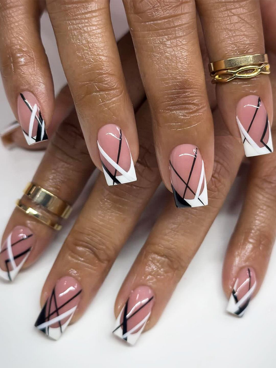 Secret Lives Set Of 24 Glossy Square Shape With Tips Artificial Nails - Pink & Black