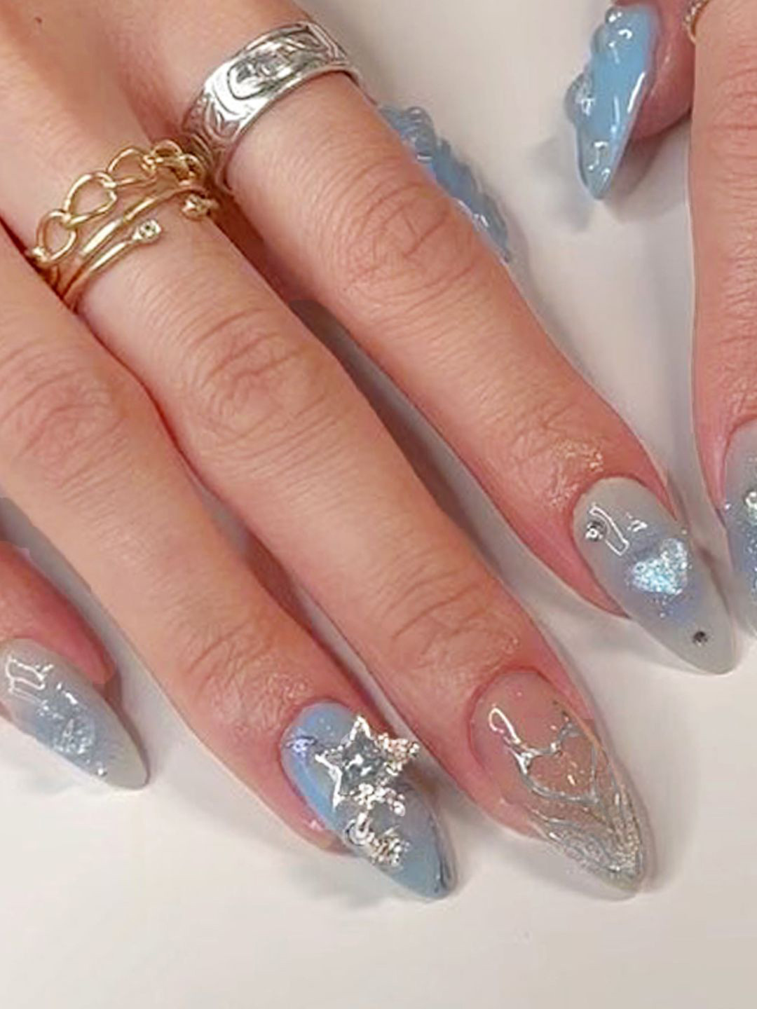 Secret Lives Set Of 24 Glossy 3D Heart Stud & Accessories Design Artificial Nails - Blue