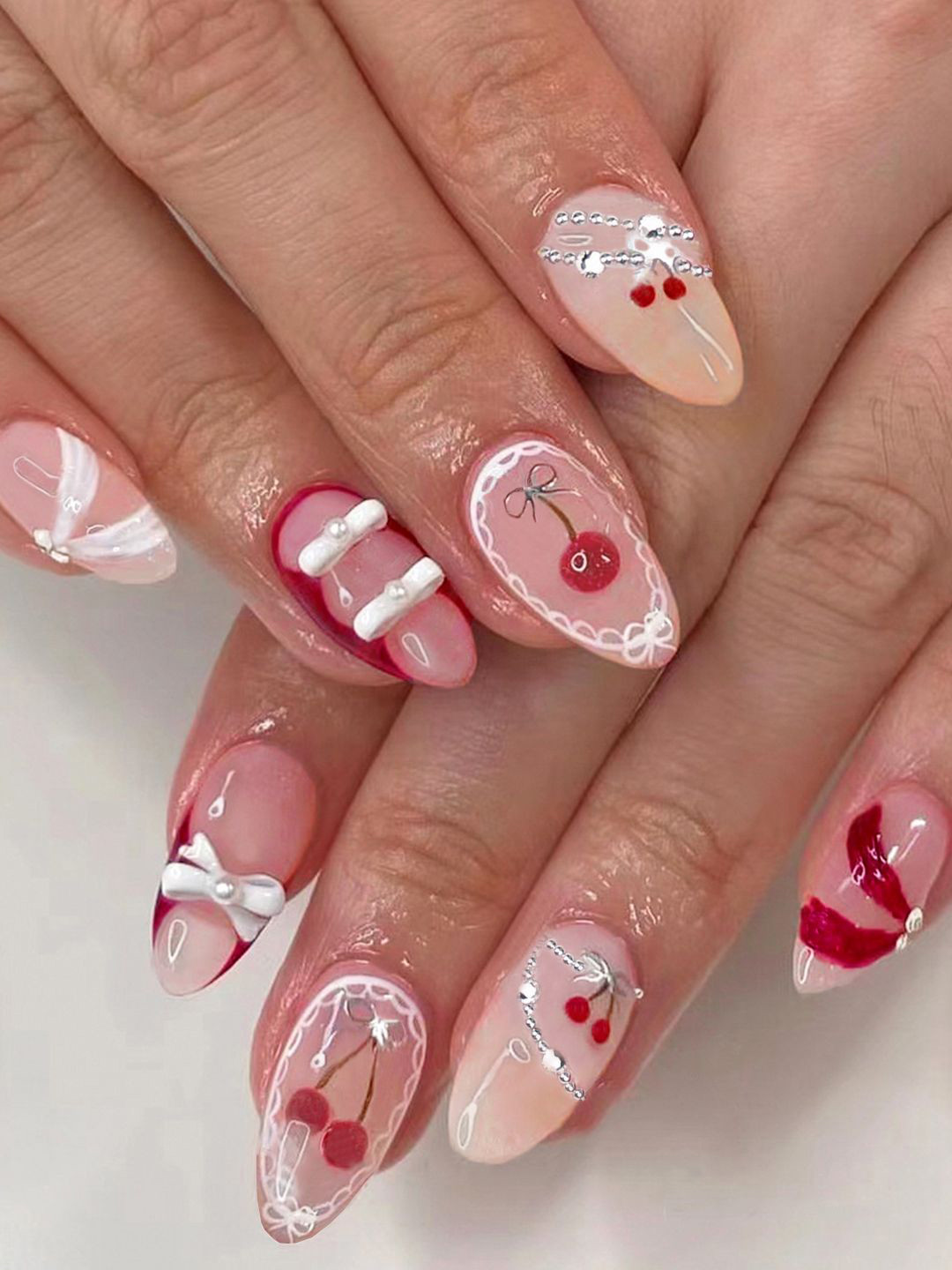 Secret Lives Set Of 24 Glossy With 3D Bow & Pearls Design Artificial Nails - Pink & Red