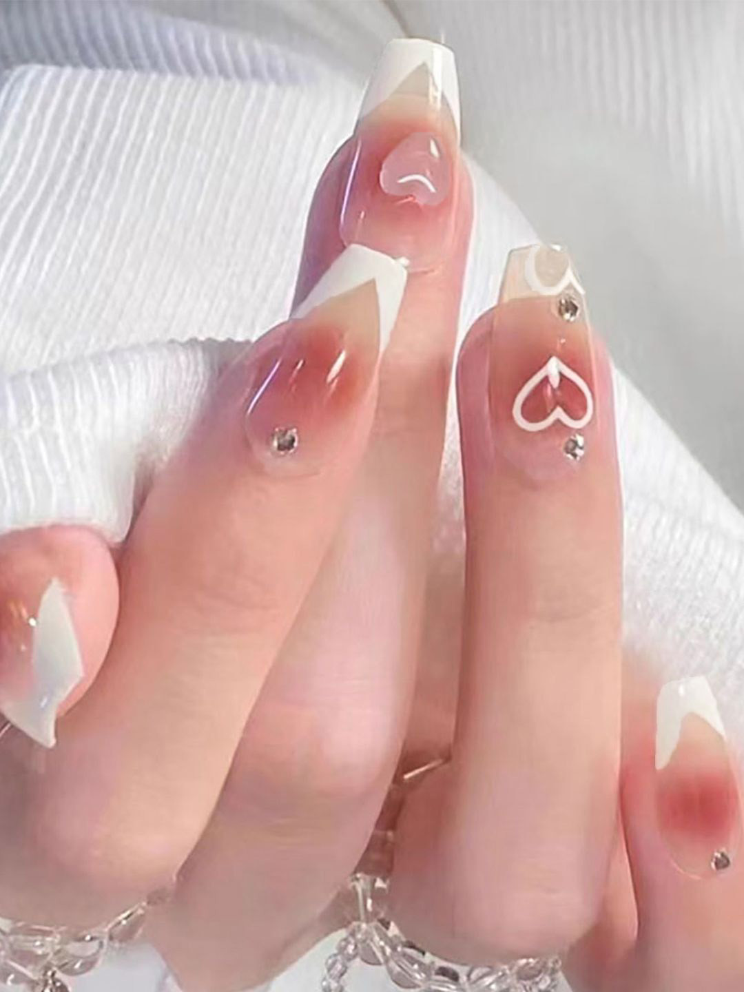 Secret Lives Set Of 24 Glossy 3D Heart Stone & French Design Artificial Nails - Brown