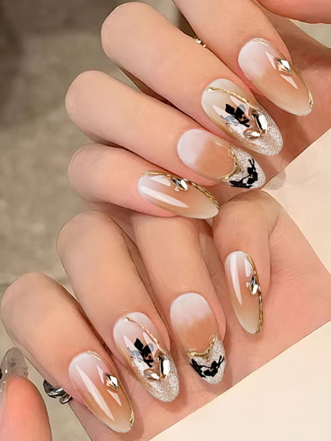 Secret Lives Set Of 24 Cats Eye With 3D Crystal & Leaf Design Artificial Nails - Brown