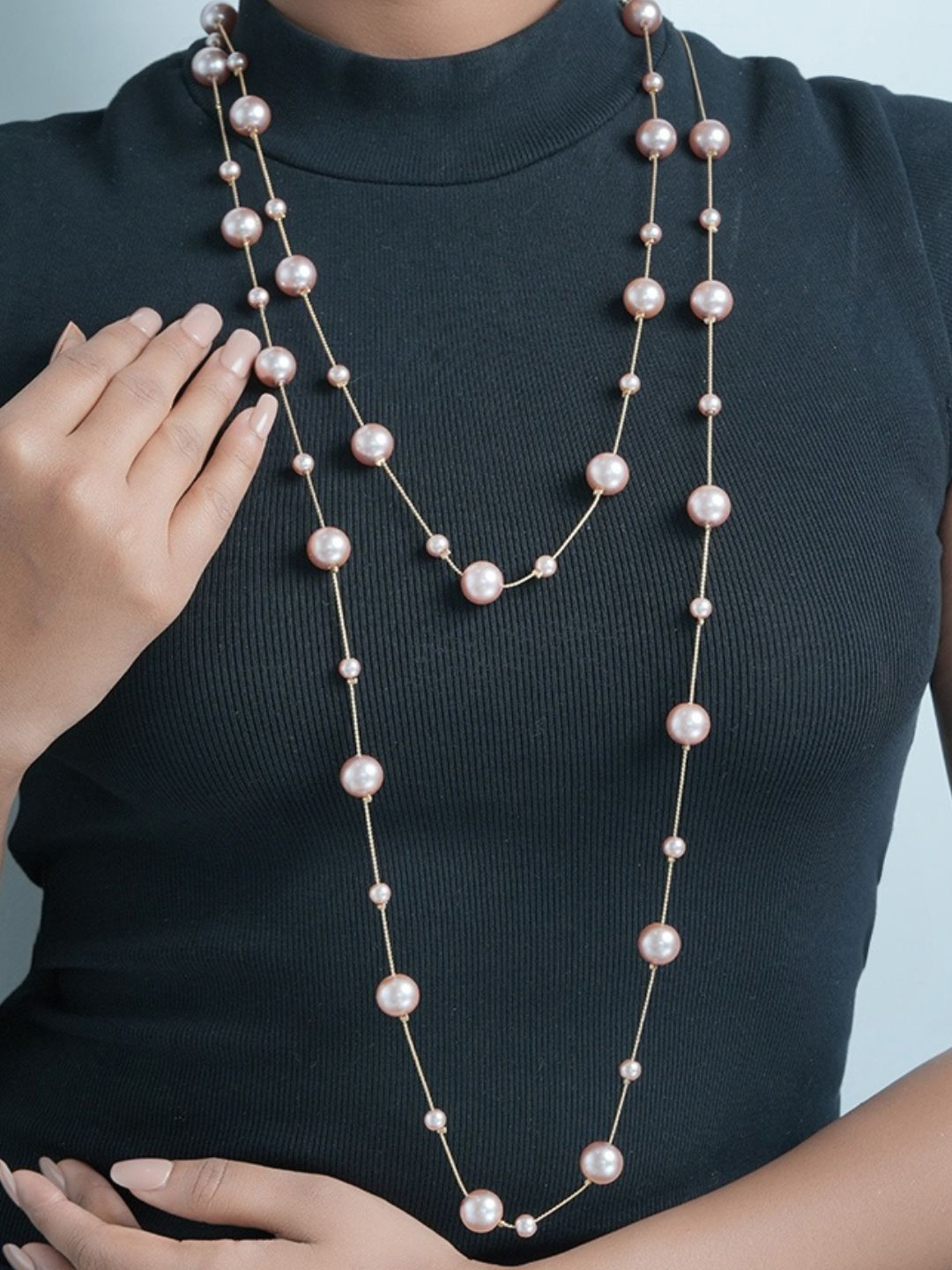 AQUASTREET Gold Plated Layered PINK Pearl Long Necklace