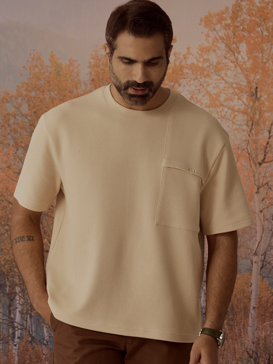 Andamen Men Solid Waffle Round Neck Cotton Oversized T-shirt