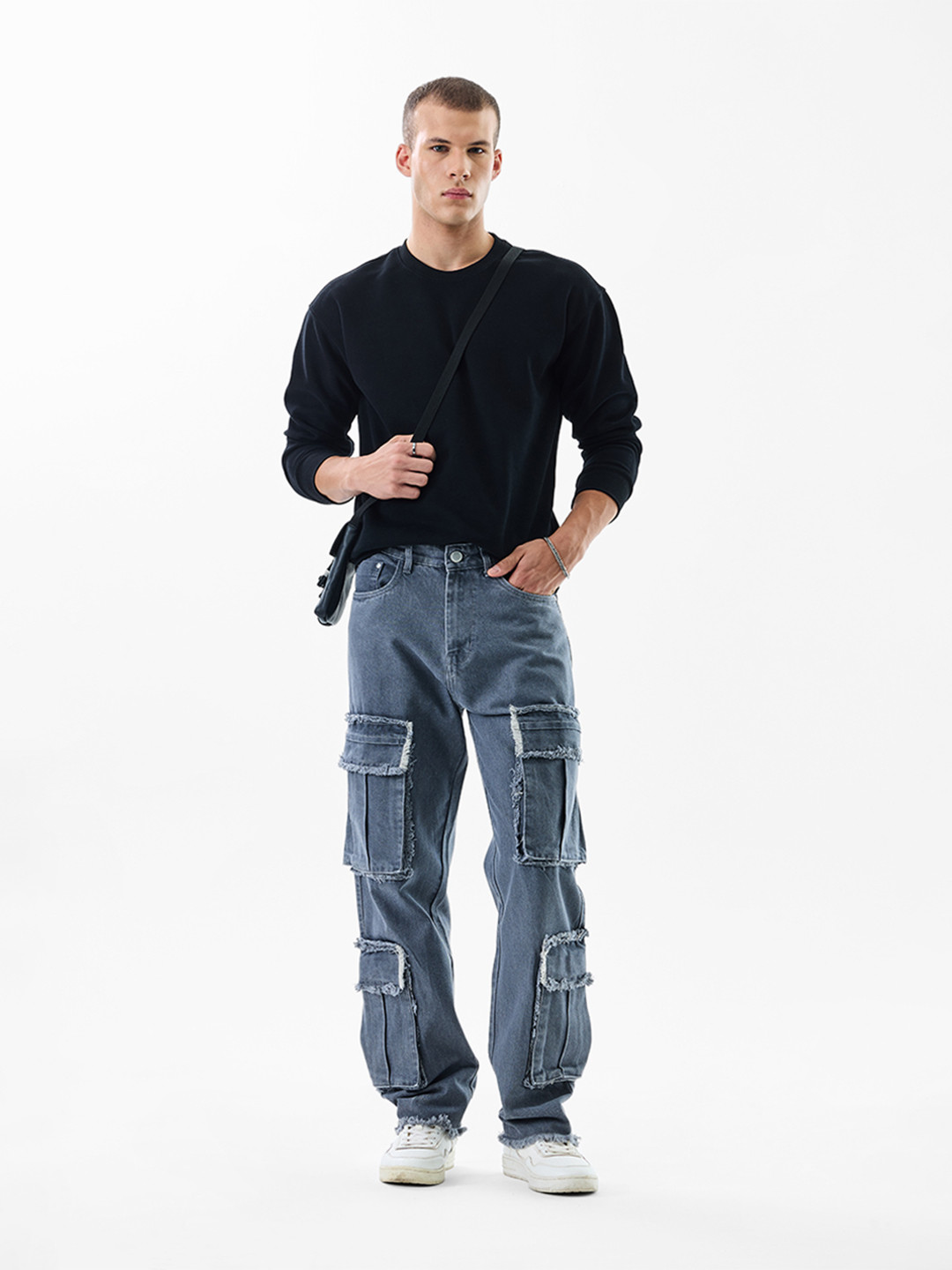 Snitch Revolution Men Grey Plain Baggy Fit Cotton Cargo Jeans