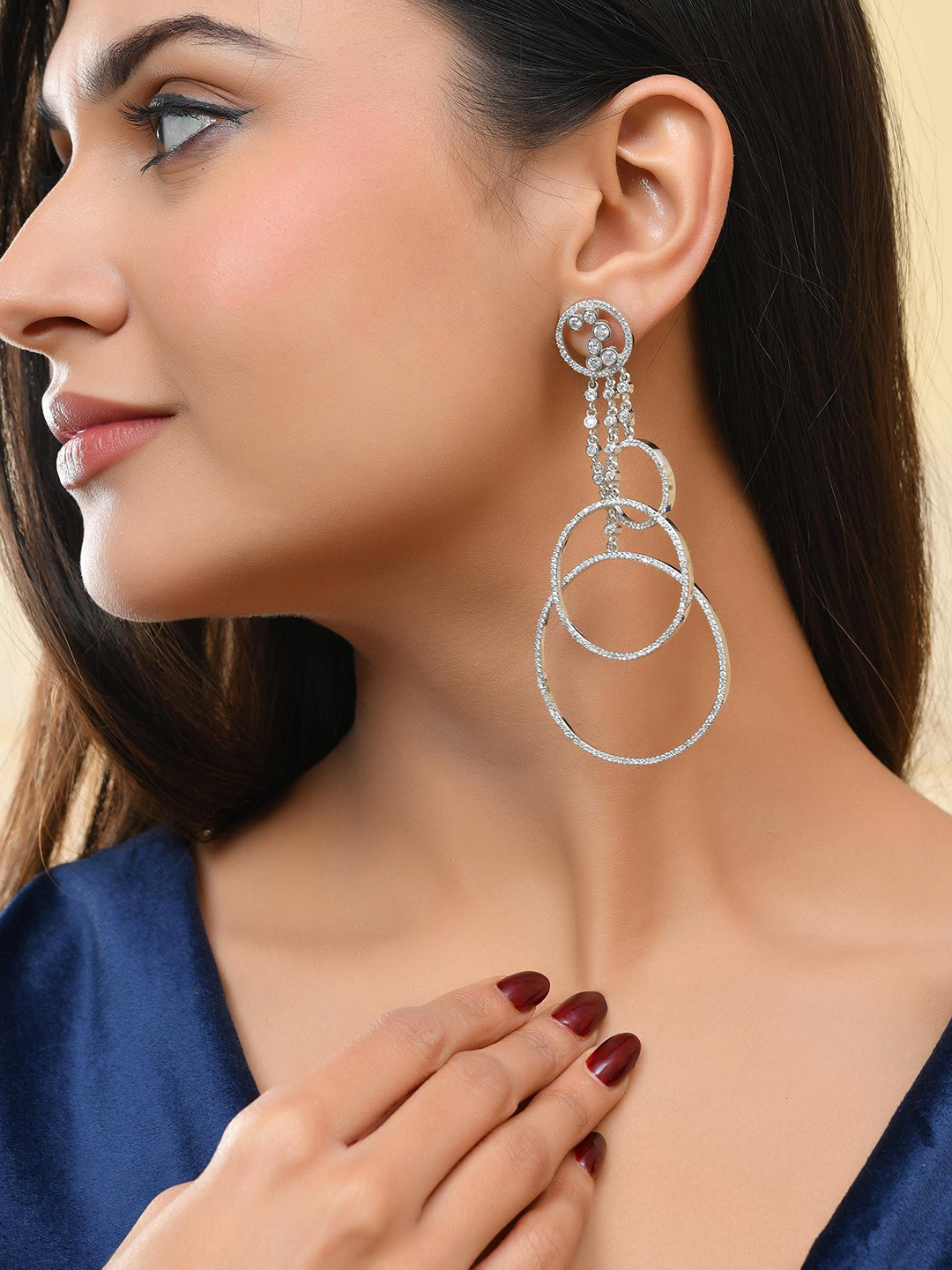 VOJ Stainless Steel Silver Plated American Diamond Studded Crescent Shapped Drop Earrings