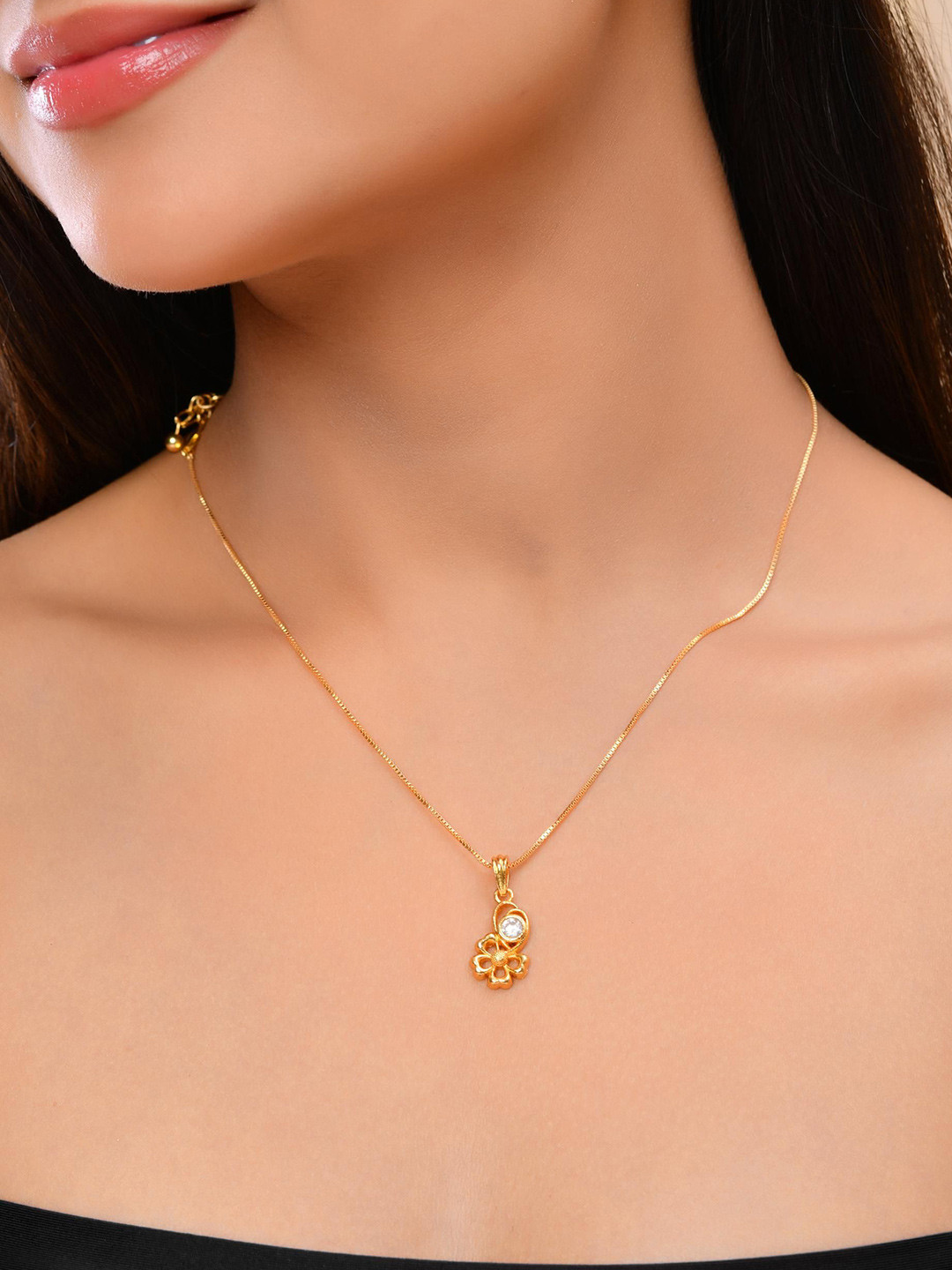 VOJ Gold-Plated AD Studded Flower Shaped Pandent With Chain