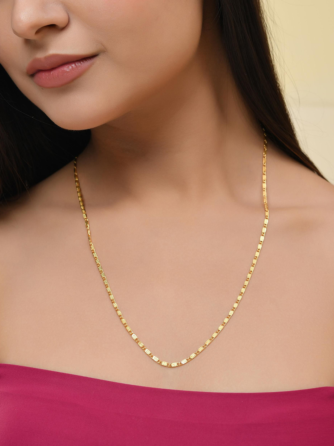 VOJ Gold Plated Artificial Beads Studded Designer Biscuit Shaped Chain