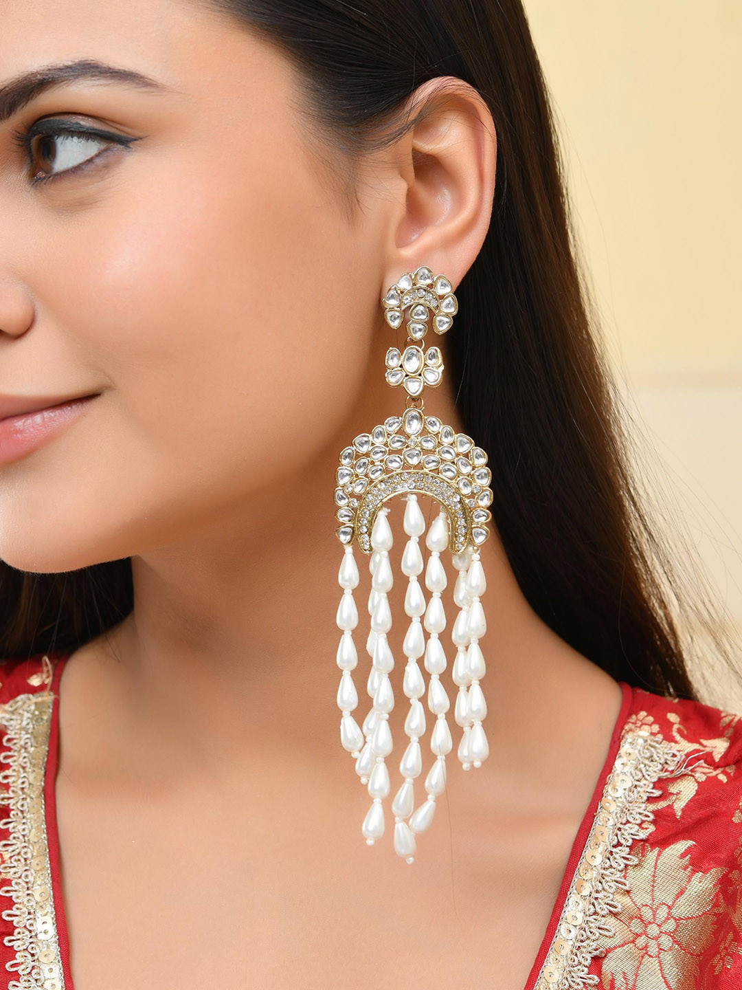 VOJ Artificial Kundan Studded Contemporary Shaped Drop Earrings