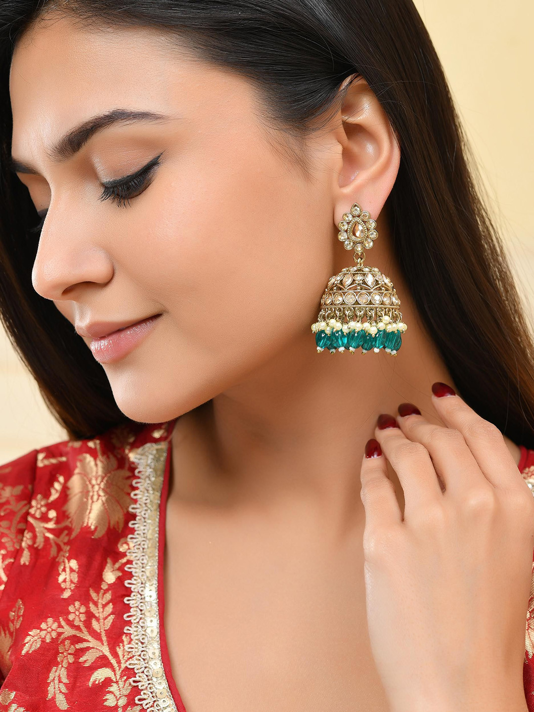 VOJ Gold Plated Stone Studded Done Shapped Jumkas