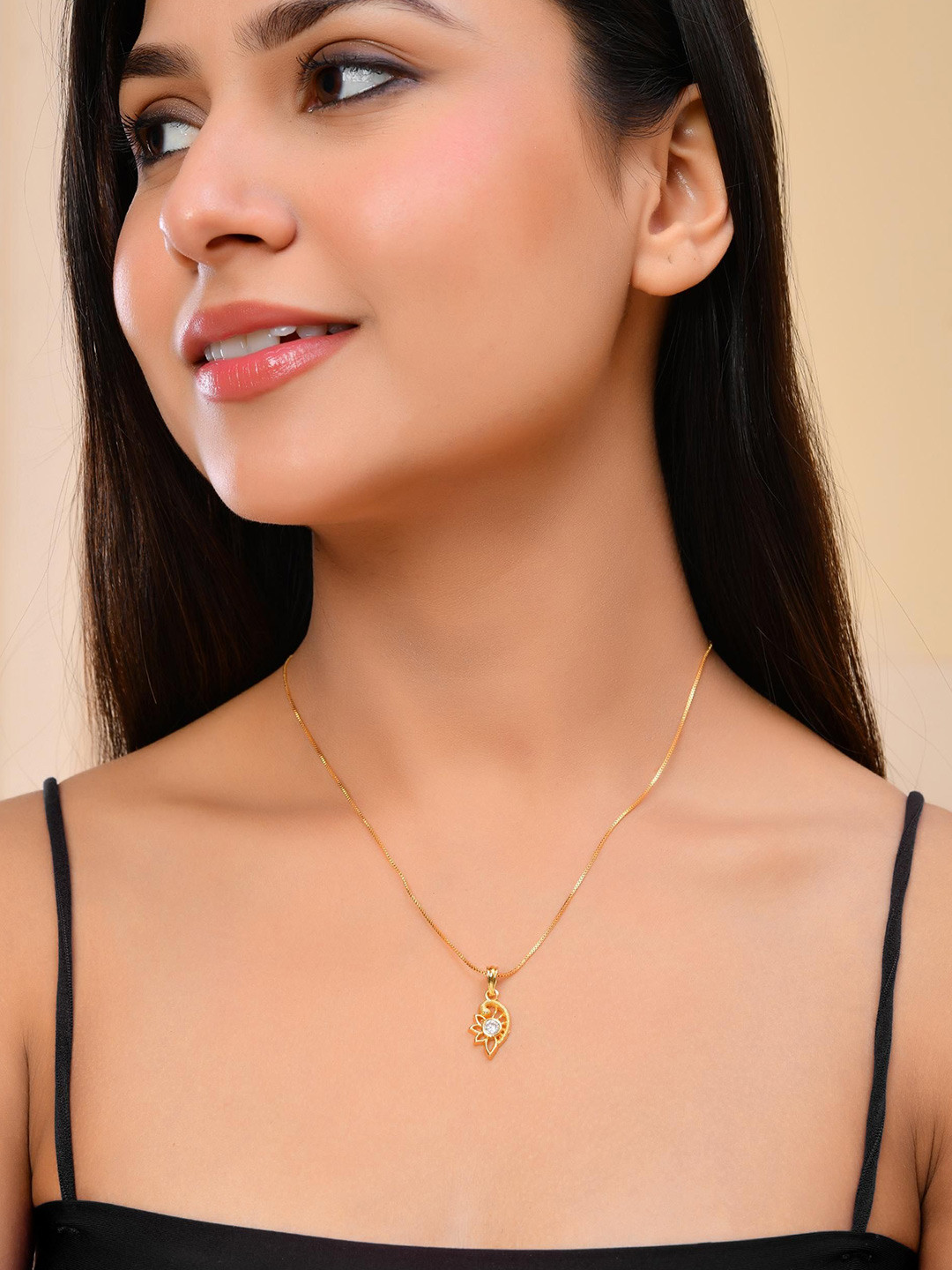 VOJ Gold-Plated Stainless Steel American Diamond Studded Peacock Shaped Pendant With Chain