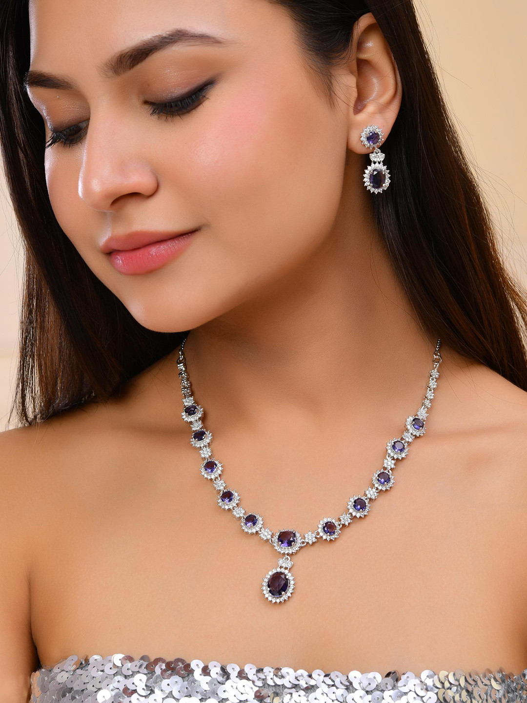VOJ Silver Plated American diamond Stone Studded Jewellery Set