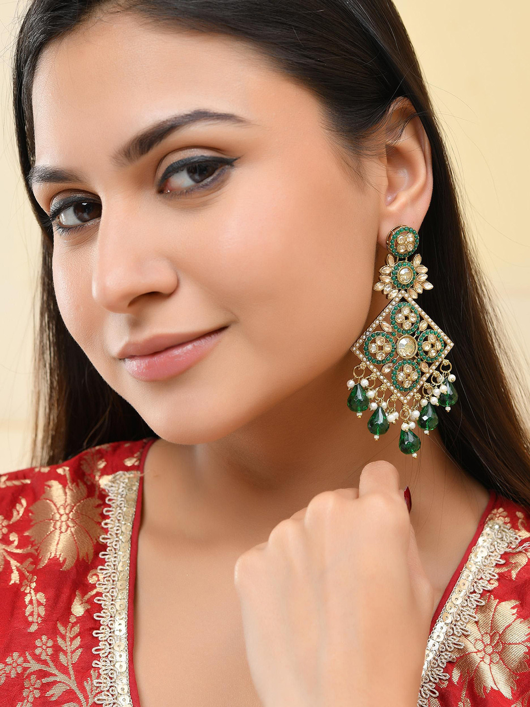 VOJ Gold Plated Stones Studded Contemporary Shapped Drop Earrings