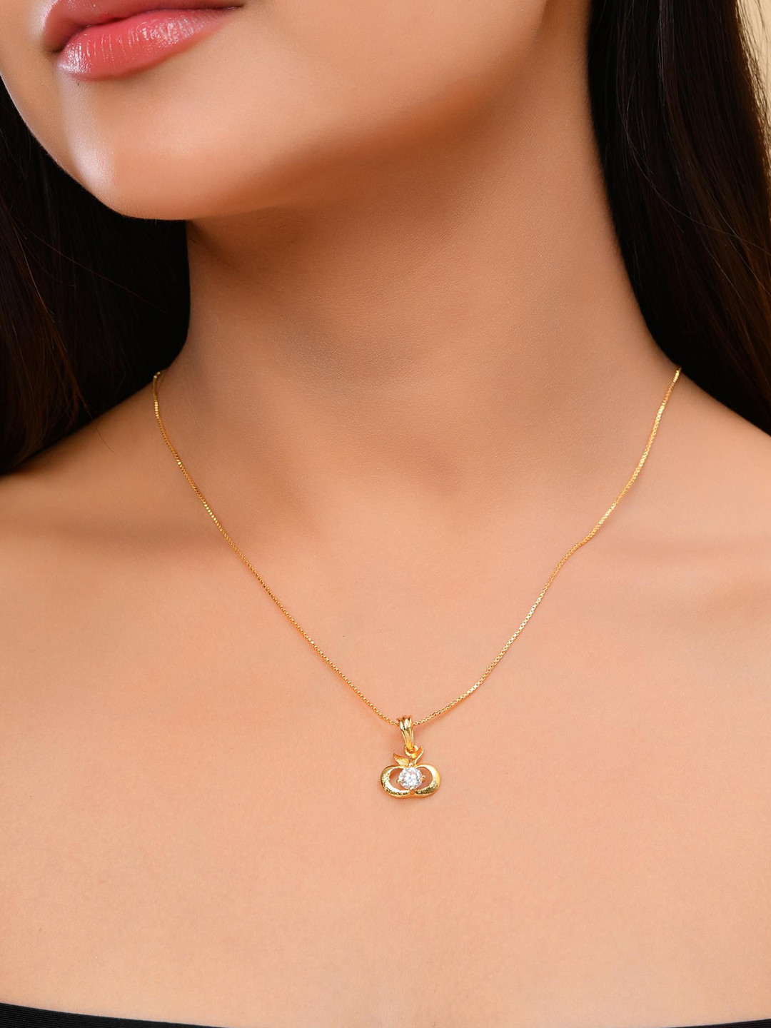 VOJ Gold-Plated Stainless Steel American Diamond Studded Apple Shaped Pendant With Chain