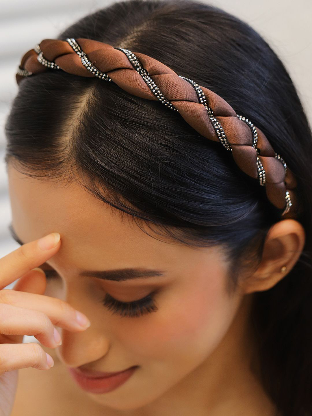 Rubans Brown & Black Braided Satin Headband with Cubic Zirconia Embellishments