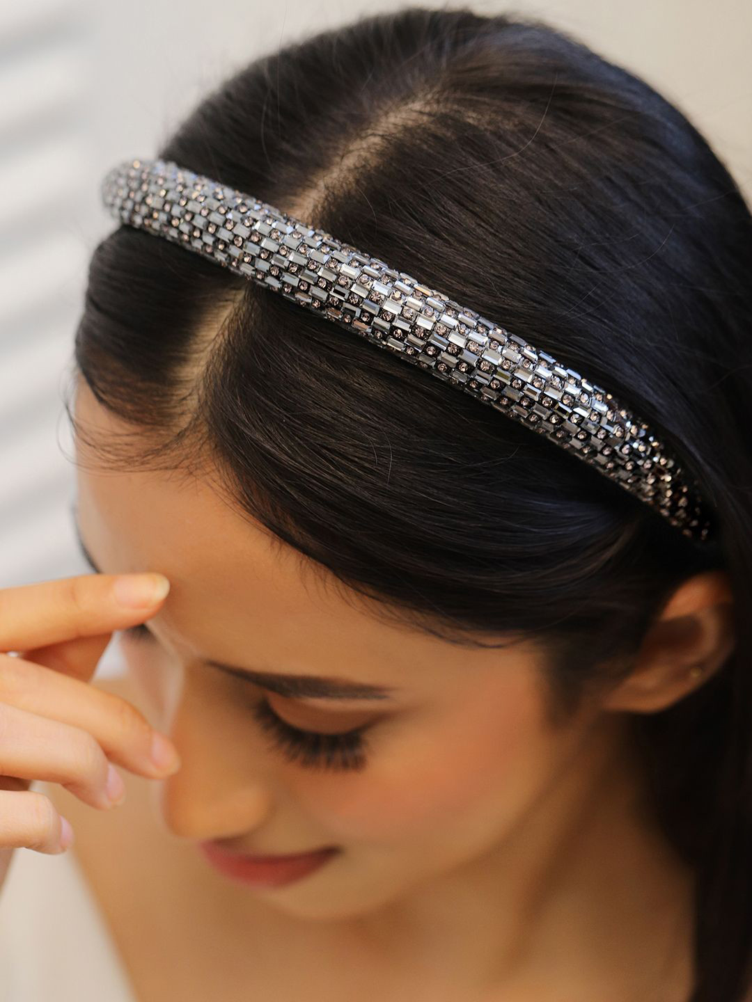 Rubans Luxe Black Crystal Embellished Beige Velvet Headband