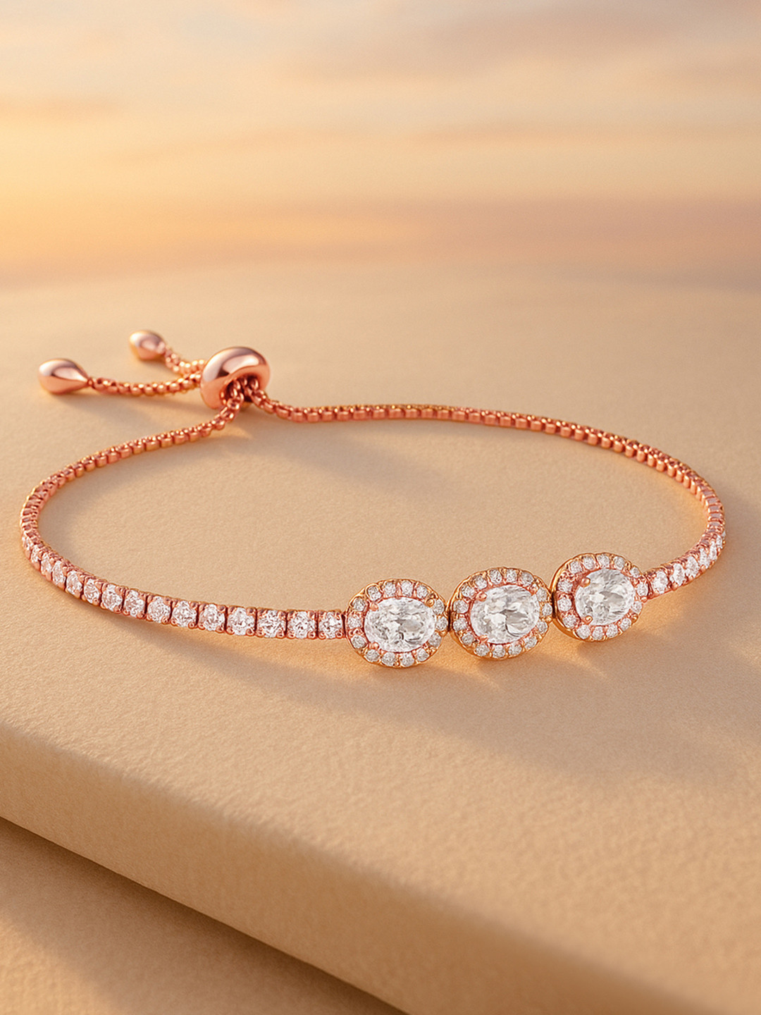 Rubans 18K Rose Gold Plated Cubic Zirconia Studded Adjustable Pull Chain Bracelet