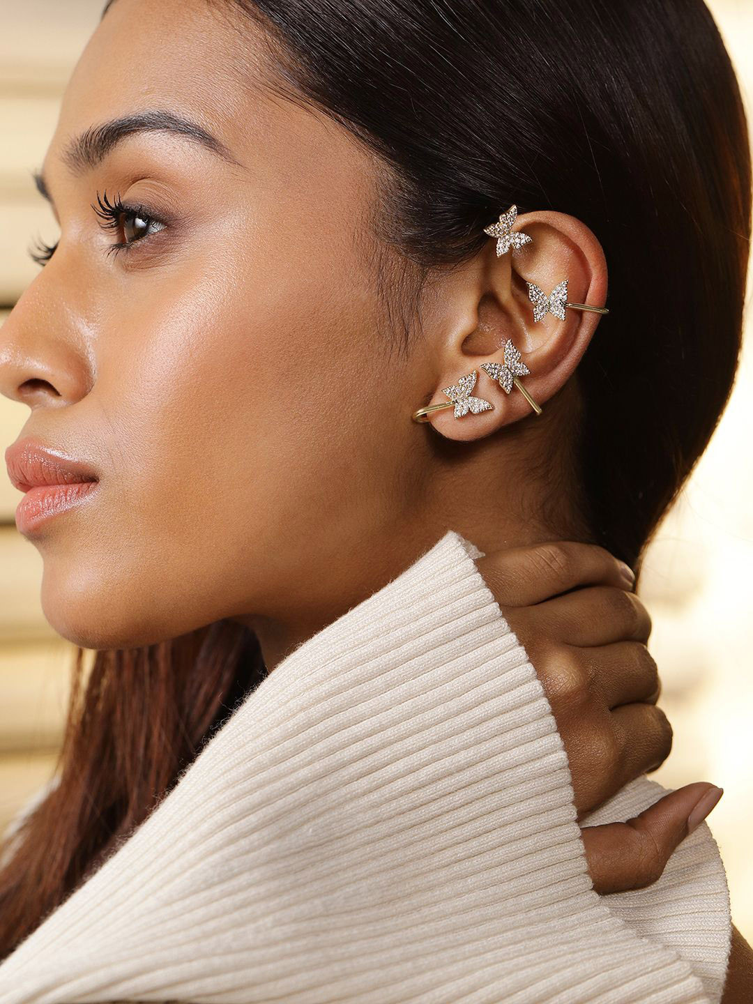 Rubans 18K Gold Plated Butterfly Cubic Zirconia Studded Statement Ear Cuff Earrings