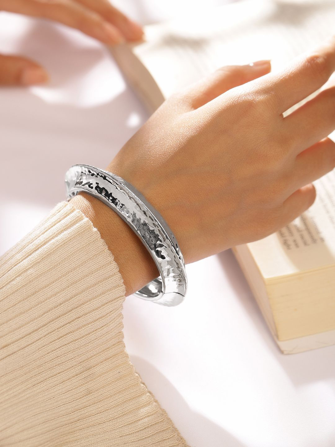 Rubans Rhodium Plated Hammered Bangle Luxe Statement Bracelet for Modern Elegance