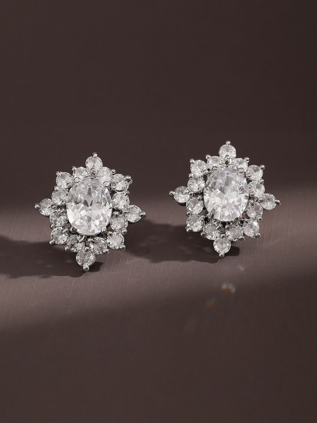 Rubans Rhodium Plated Cubic Zirconia Floral Cluster Stud Statement Jewelry