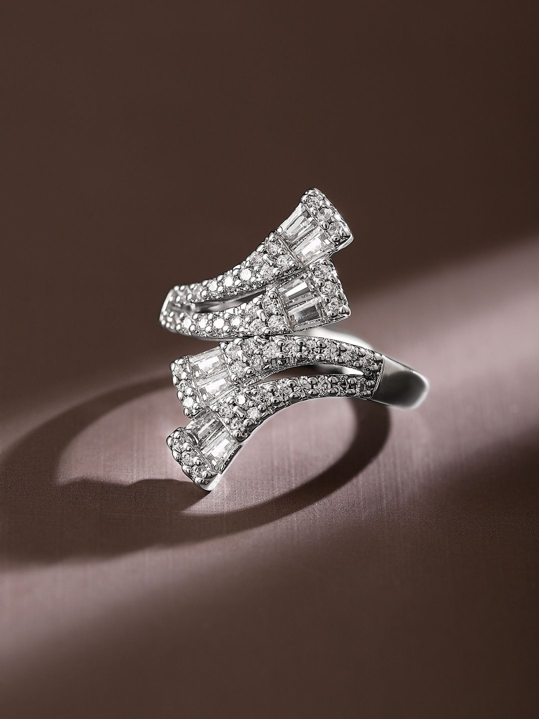 Rubans Rhodium Plated Baguette & Cubic Zirconia Studded Adjustable Openable Statement Ring