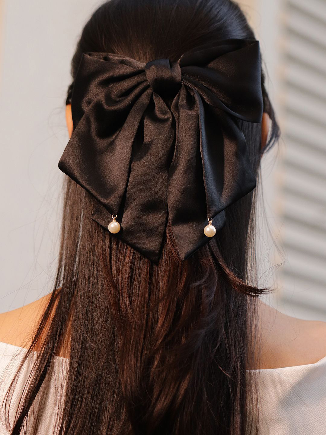 Rubans Black Satin Bow Hair Clip with Pearl Drop Detailing